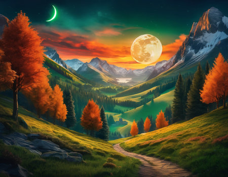 A fabulous mountain landscape with a bright moon. Tourist landscape. Nature in the window.Saturated colors.High quality illustrationの素材