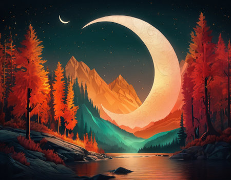 A fabulous mountain landscape with a bright moon. Tourist landscape. Nature in the window.Saturated colors.High quality illustrationの素材