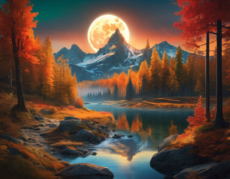 A fabulous mountain landscape with a bright moon. Tourist landscape. Nature in the window.Saturated colors.High quality illustrationの素材