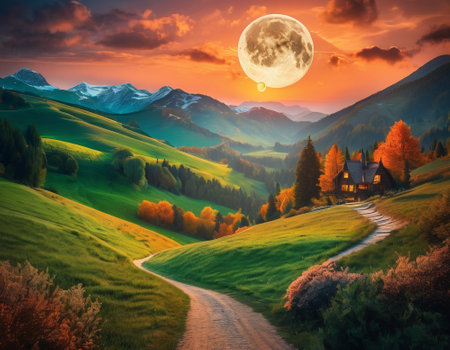 A fabulous mountain landscape with a bright moon. Tourist landscape. Nature in the window.Saturated colors.High quality illustrationの素材