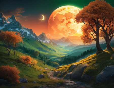 A fabulous mountain landscape with a bright moon. Tourist landscape. Nature in the window.Saturated colors.High quality illustrationの素材