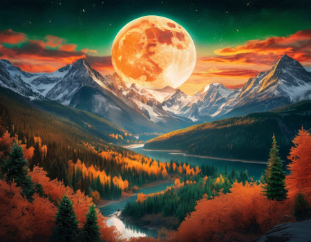A fabulous mountain landscape with a bright moon. Tourist landscape. Nature in the window.Saturated colors.High quality illustrationの素材
