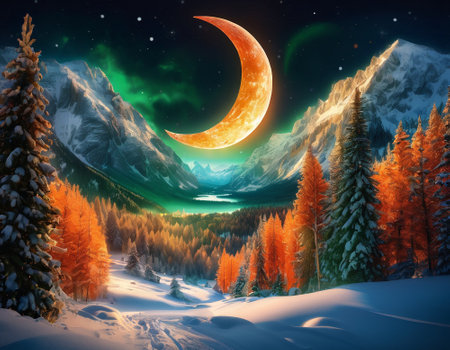 A fabulous mountain landscape with a bright moon. Tourist landscape. Nature in the window.Saturated colors.High quality illustrationの素材