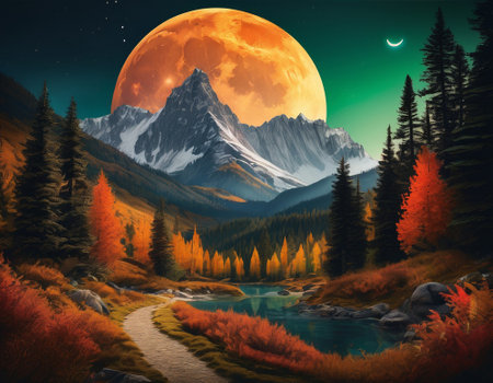 A fabulous mountain landscape with a bright moon. Tourist landscape. Nature in the window.Saturated colors.High quality illustrationの素材
