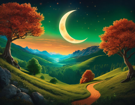 A fabulous mountain landscape with a bright moon. Tourist landscape. Nature in the window.Saturated colors.High quality illustrationの素材