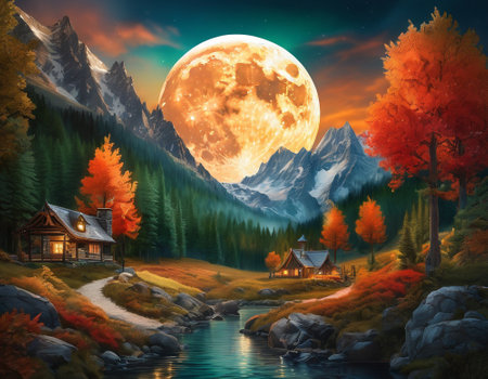 A fabulous mountain landscape with a bright moon. Tourist landscape. Nature in the window.Saturated colors.High quality illustrationの素材