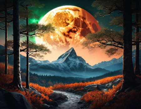 A fabulous mountain landscape with a bright moon. Tourist landscape. Nature in the window.Saturated colors.High quality illustrationの素材