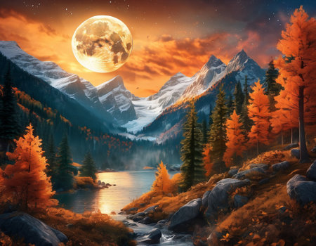 A fabulous mountain landscape with a bright moon. Tourist landscape. Nature in the window.Saturated colors.High quality illustrationの素材