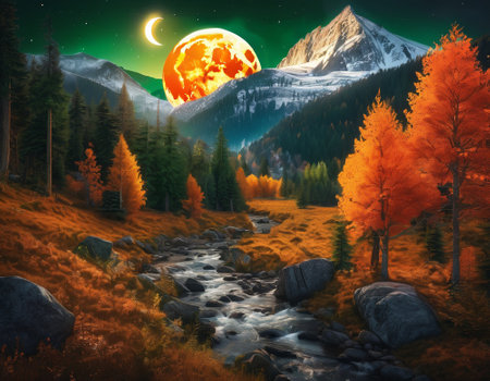 A fabulous mountain landscape with a bright moon. Tourist landscape. Nature in the window.Saturated colors.High quality illustrationの素材