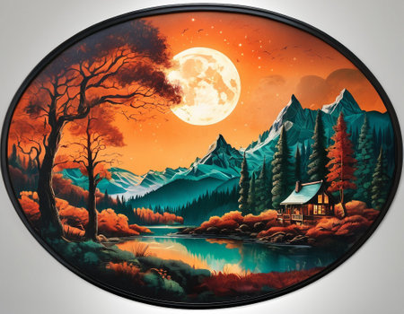 A fabulous mountain landscape with a bright moon. Tourist landscape. Nature in the window.Saturated colors.High quality illustrationの素材