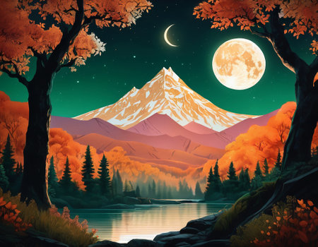 A fabulous mountain landscape with a bright moon. Tourist landscape. Nature in the window.Saturated colors.High quality illustrationの素材