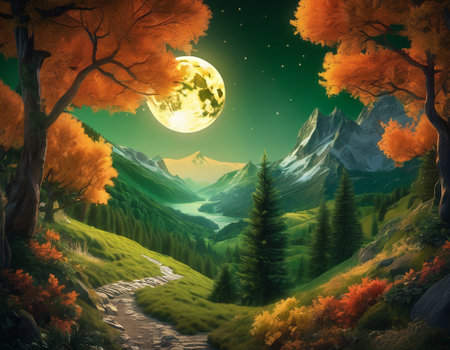 A fabulous mountain landscape with a bright moon. Tourist landscape. Nature in the window.Saturated colors.High quality illustrationの素材