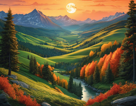 A fabulous mountain landscape with a bright moon. Tourist landscape. Nature in the window.Saturated colors.High quality illustrationの素材