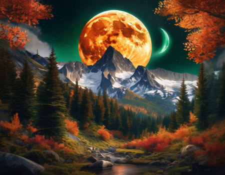 A fabulous mountain landscape with a bright moon. Tourist landscape. Nature in the window.Saturated colors.High quality illustrationの素材