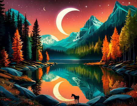 A fabulous mountain landscape with a bright moon. Tourist landscape. Nature in the window.Saturated colors.High quality illustrationの素材