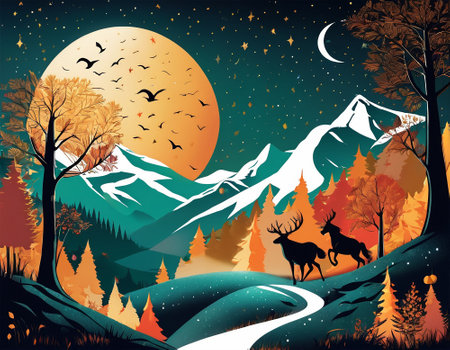 A fabulous mountain landscape with a bright moon. Tourist landscape. Nature in the window.Saturated colors.High quality illustrationの素材