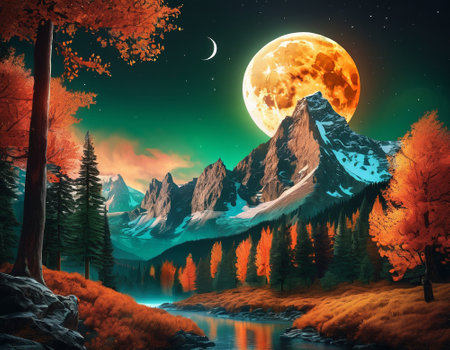 A fabulous mountain landscape with a bright moon. Tourist landscape. Nature in the window.Saturated colors.High quality illustrationの素材