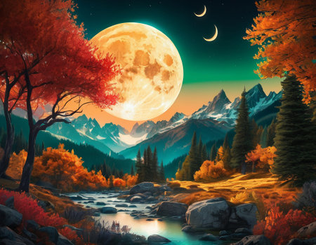 A fabulous mountain landscape with a bright moon. Tourist landscape. Nature in the window.Saturated colors.High quality illustrationの素材