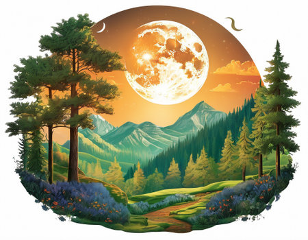 A fabulous mountain landscape with a bright moon. Tourist landscape. Nature in the window.Saturated colors.High quality illustrationの素材