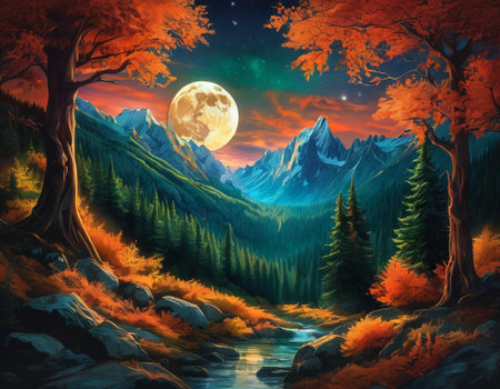 A fabulous mountain landscape with a bright moon. Tourist landscape. Nature in the window.Saturated colors.High quality illustrationの素材