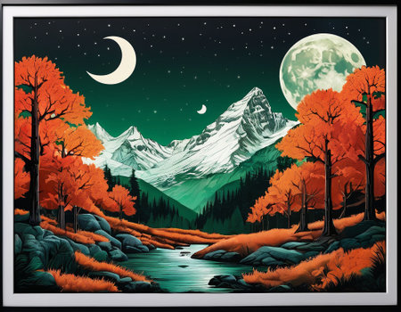 A fabulous mountain landscape with a bright moon. Tourist landscape. Nature in the window.Saturated colors.High quality illustrationの素材