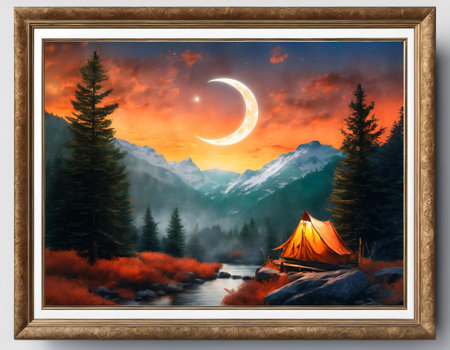 A fabulous mountain landscape with a bright moon. Tourist landscape. Nature in the window. High quality illustrationの素材