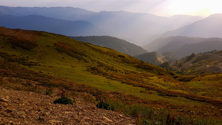 A view of a valley with mountains in the background. The sun shines on the mountains in the distance, featured on unsplash, superflat, panorama, creative commons attributionの写真素材
