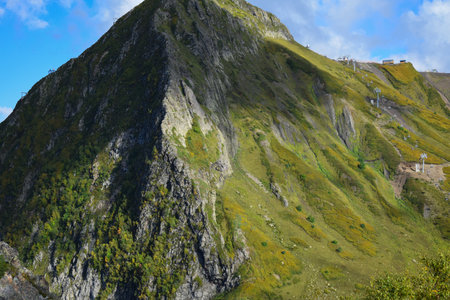 A mountain side with grass and trees on it, featured on unsplash, naturalism, wimmelbilder, panoramaの写真素材