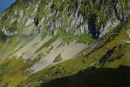 A mountain side with grass and trees on it, featured on unsplash, naturalism, wimmelbilder, panoramaの写真素材