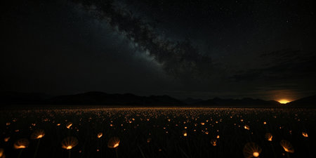 A beautiful night landscape shot with long exposure. The Milky Way. Bioluminescence. High quality illustrationの素材