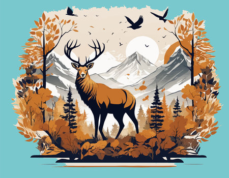 A deer standing in the middle of a forest. High quality illustrationの素材