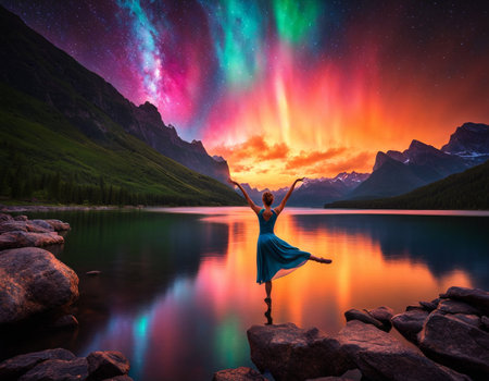 A woman standing on rocks in front of a lake under a colorful sky. High quality illustrationの素材
