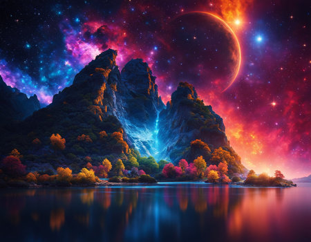 A beautiful landscape with mountains and stars in the sky. Colorfun Neon light. High quality illustrationの素材