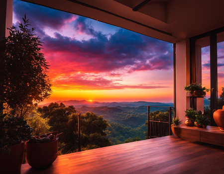 Beautiful interior on the background of mountains. High quality illustrationの素材
