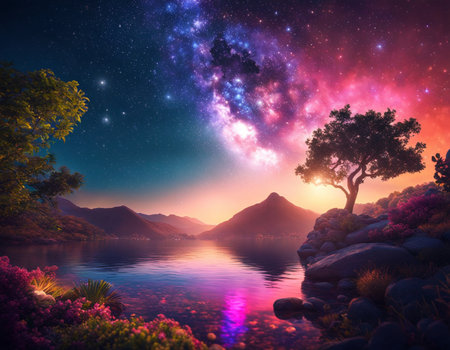 A beautiful landscape with mountains and stars in the sky. Colorfun Neon light. High quality illustrationの素材