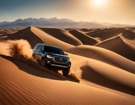 SUV driving through desert dunes. High quality illustrationの素材