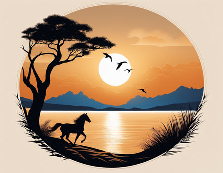 A picture of a sunset with a horse in the foreground. High quality illustrationの素材