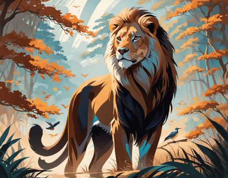 A lion standing in the middle of a forest. High quality illustrationの素材
