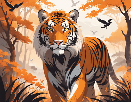 a tiger standing in the middle of a forest. High quality illustrationの素材
