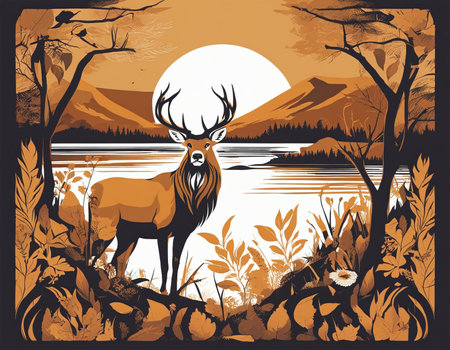 A deer standing in the middle of a forest. High quality illustrationの素材