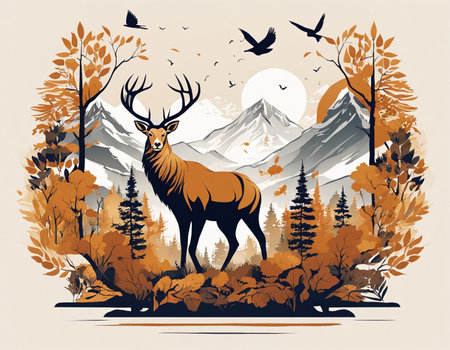A deer standing in the middle of a forest. High quality illustrationの素材