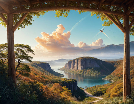A painting of a scenic view of a lake and mountains. High quality illustrationの素材