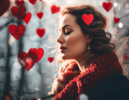 A beautiful girl surrounded by airy hearts. Valentine's day. High quality photoの素材