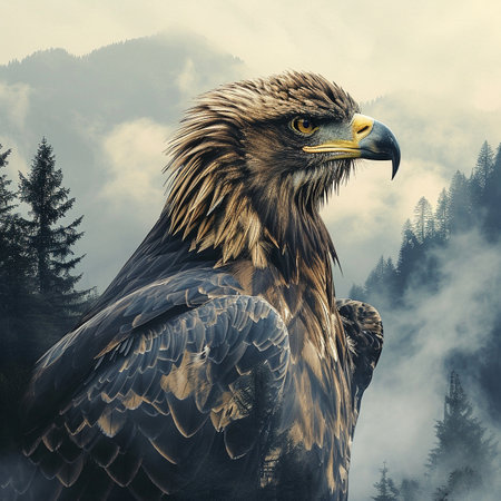 The image of an eagle on the background of a forest. High quality illustrationの素材