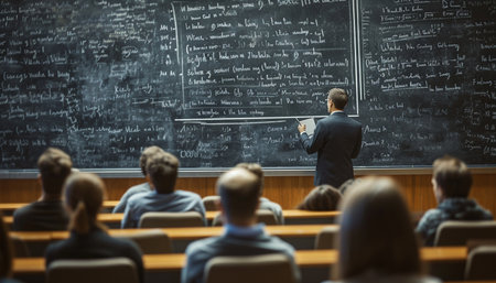 The speaker stands at the blackboard giving a lecture. High quality photoの素材