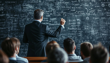 The speaker stands at the blackboard giving a lecture. High quality photoの素材