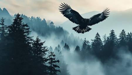 The image of an eagle on the background of a forest. High quality illustrationの素材