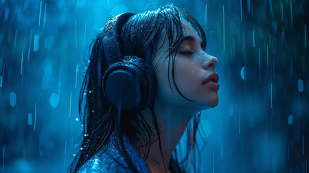 A girl with headphones is standing in the pouring rain. High quality photoの素材