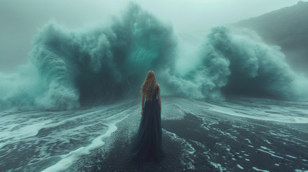 A beautiful girl in a dress walks into the raging ocean. High quality illustrationの素材