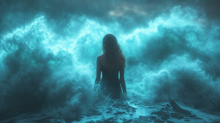 A beautiful girl in a dress walks into the raging ocean. High quality illustrationの素材